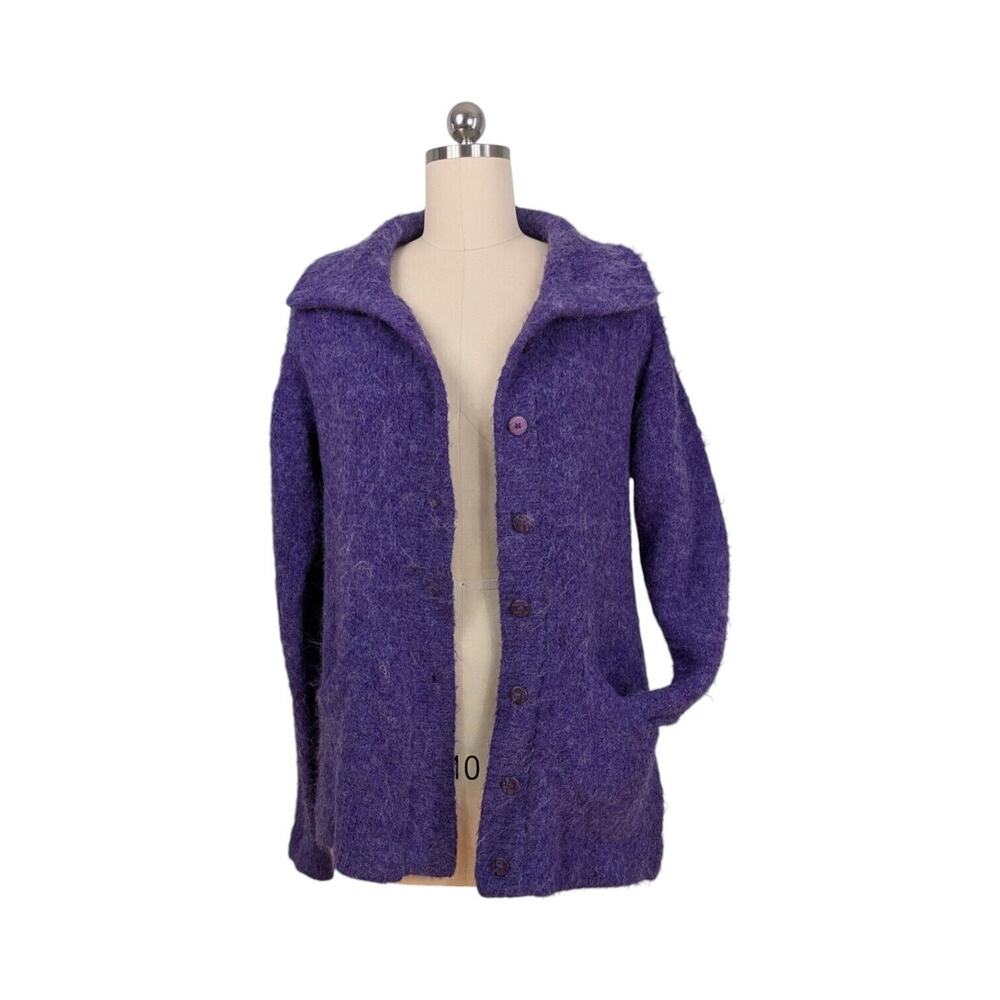 Peruvian Trading Company Cardigan Sweater M L Purple Fuzzy Collared Work Winter